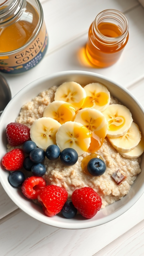 Nutritious Oatmeal Recipe for Kids A bowl of oatmeal with banana and berries, drizzled with honey on a kitchen table.